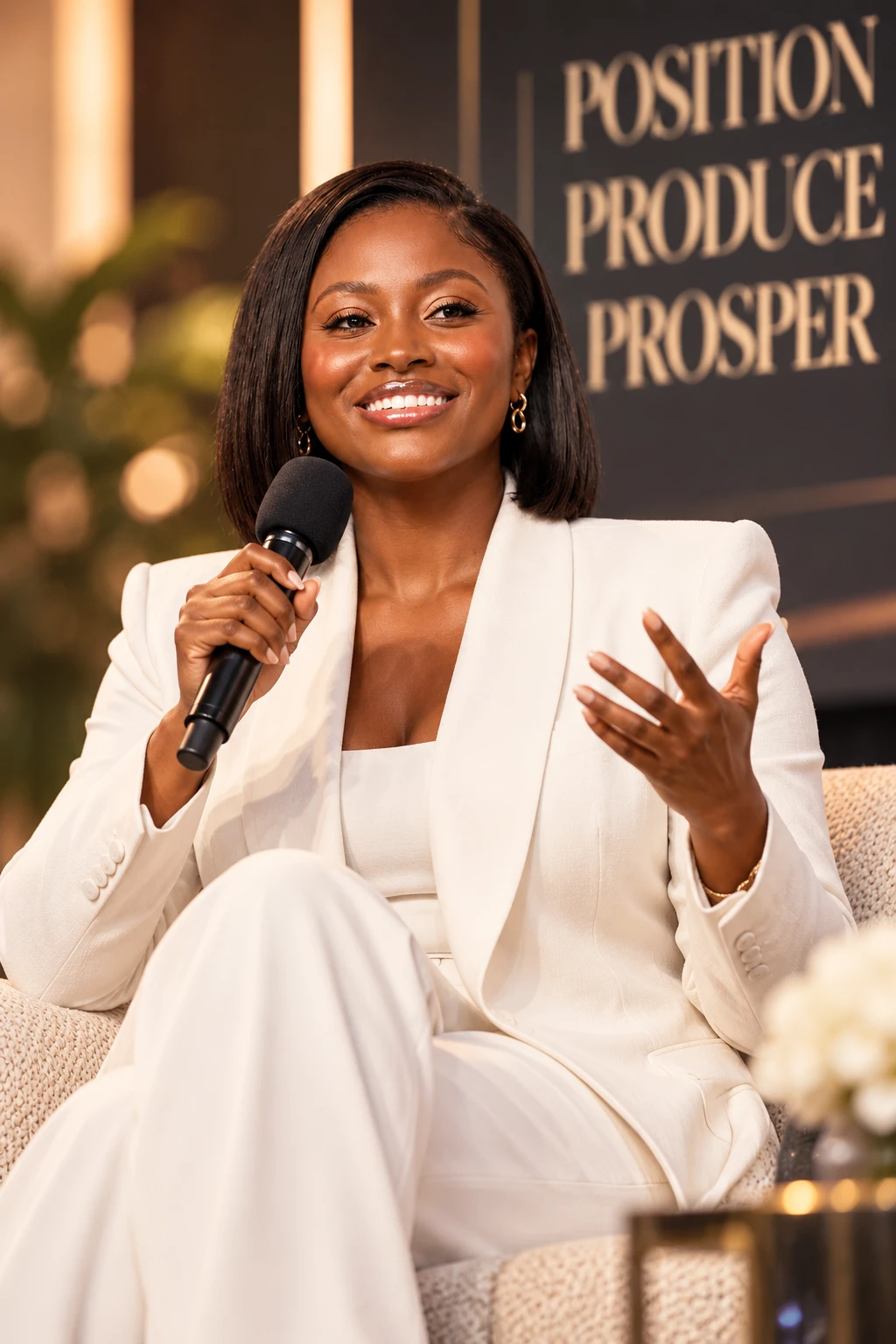 Josephine Mac-Arthur in a white suit, smiling and speaking into a microphone on stage
