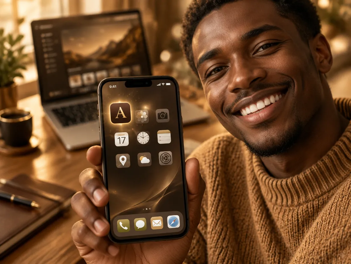 A man holds up his phone showing his own app on the home screen.