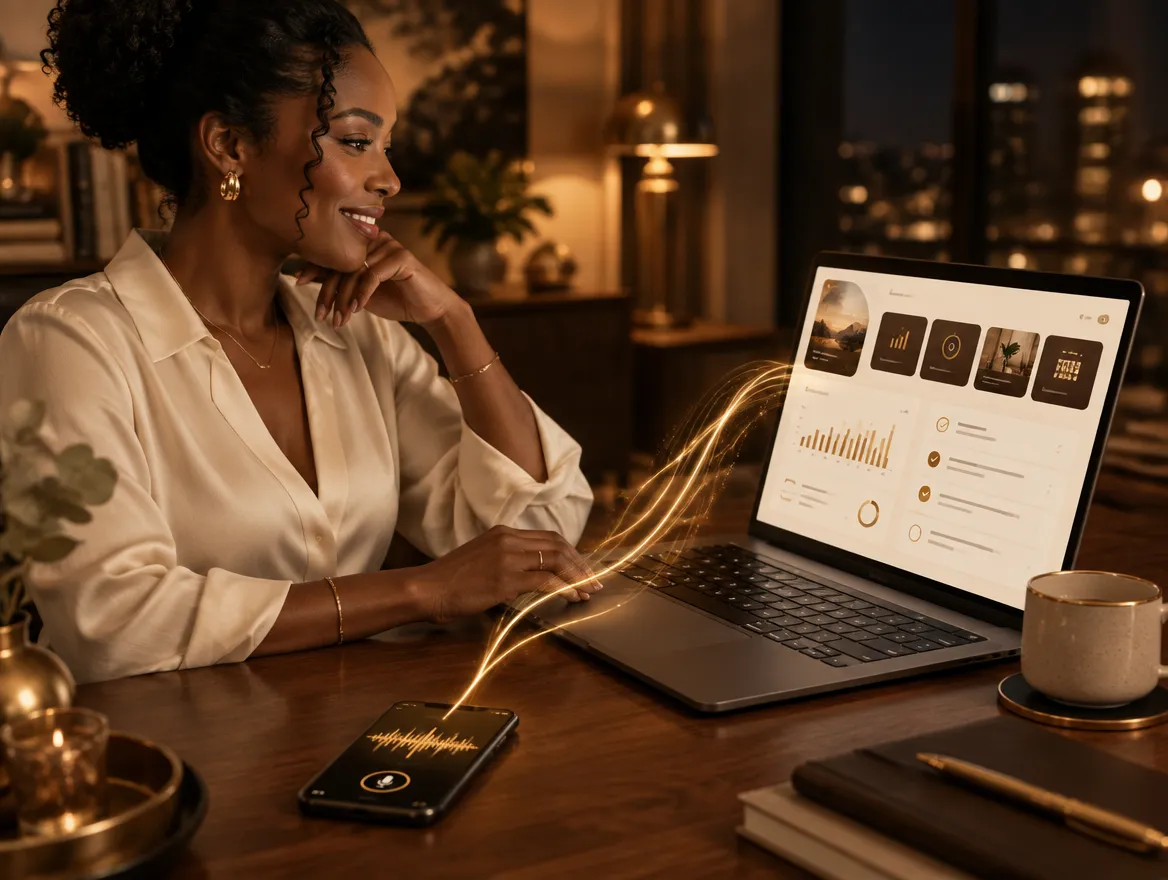 A woman at her laptop at night with a calm, organised dashboard.