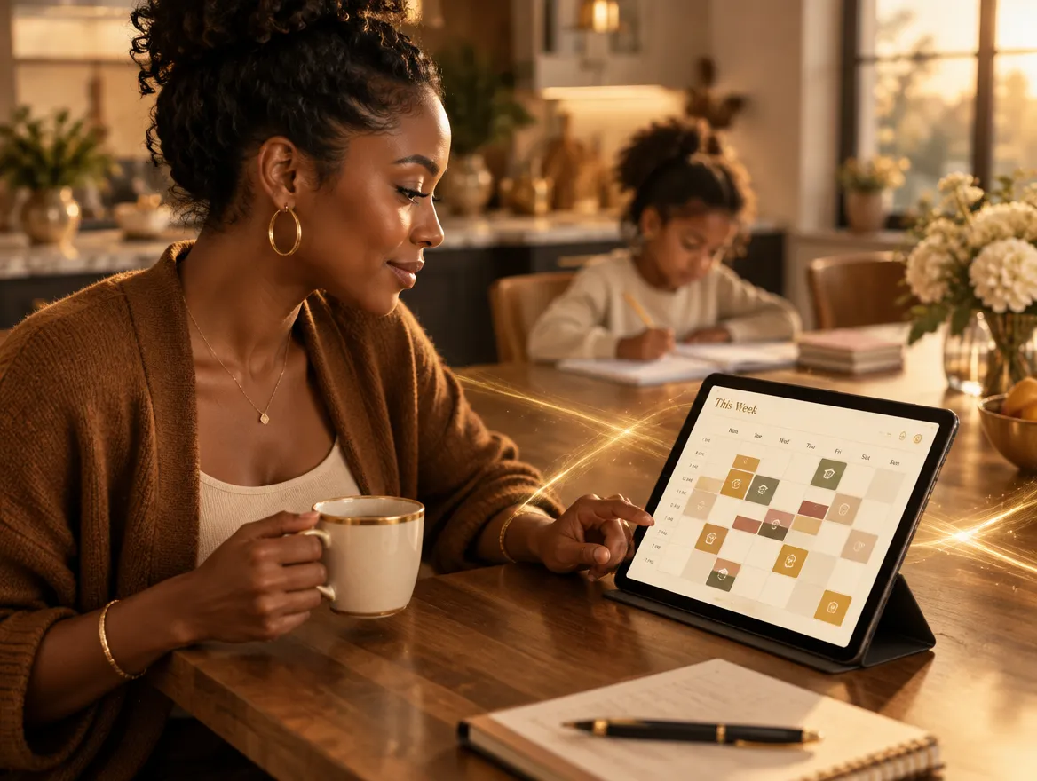 A mother at her kitchen table organizes the family's week on a tablet while her daughter does homework.