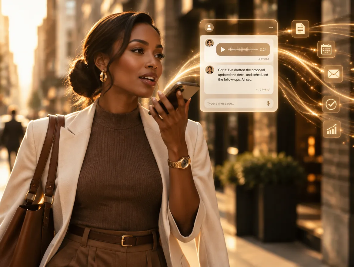 A woman walking in the city sends her AI assistant a voice note and gets the work back.