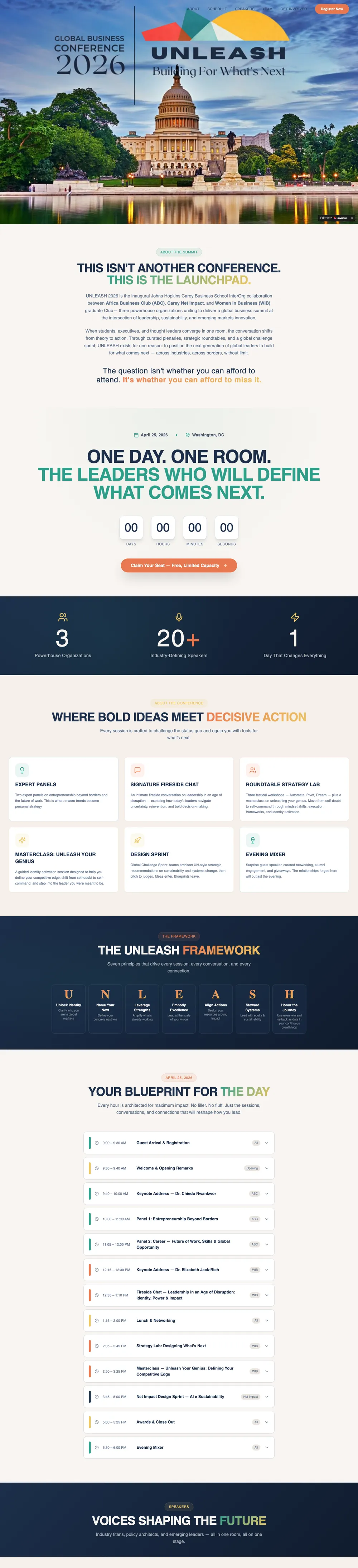 Global Business Conference 2026 website, full page: UNLEASH hero, framework, agenda and speakers
