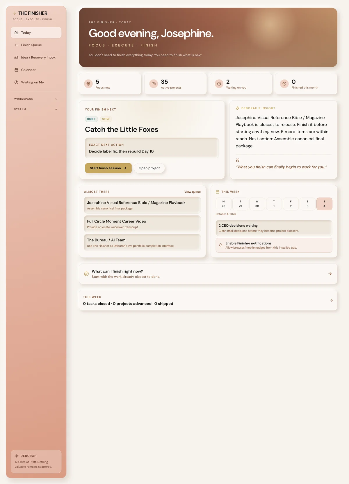 The Finisher dashboard: Good evening, Josephine, with focus, active projects, next action and weekly view