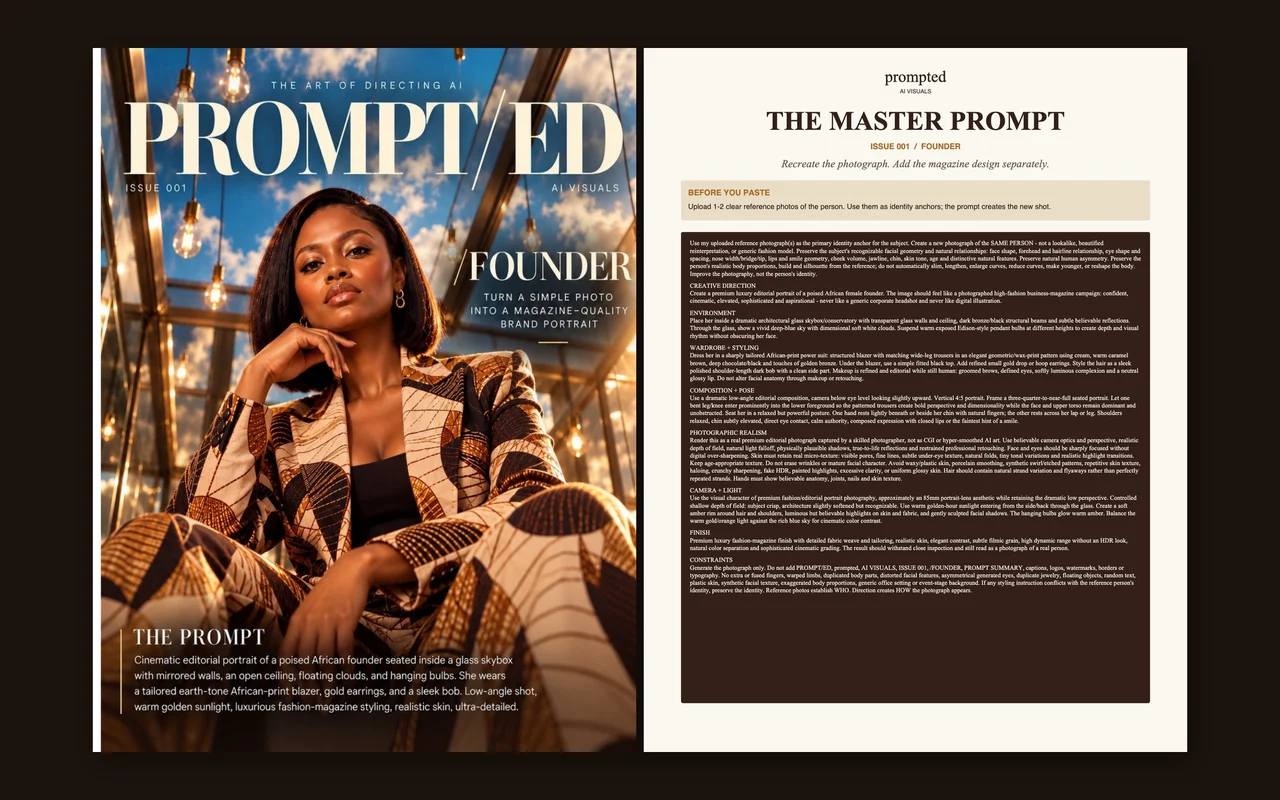 PROMPTED magazine Issue 001: cover and The Master Prompt page