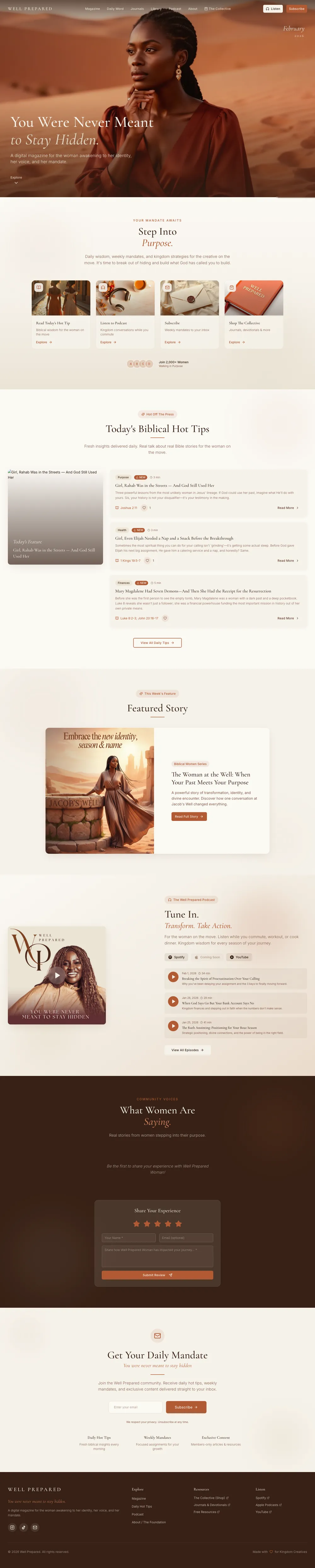 Well Prepared website, full page: You Were Never Meant to Stay Hidden, featured story, podcast and daily mandate