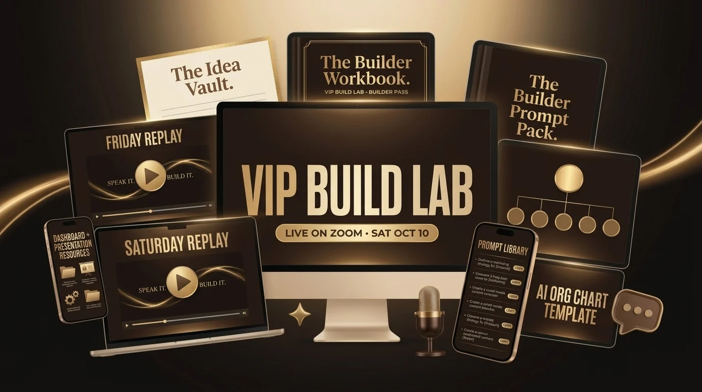 The VIP Builder Pass bundle: the Builder Workbook, Prompt Pack, Idea Vault, replays and an app on a phone, on an espresso desk with gold light.