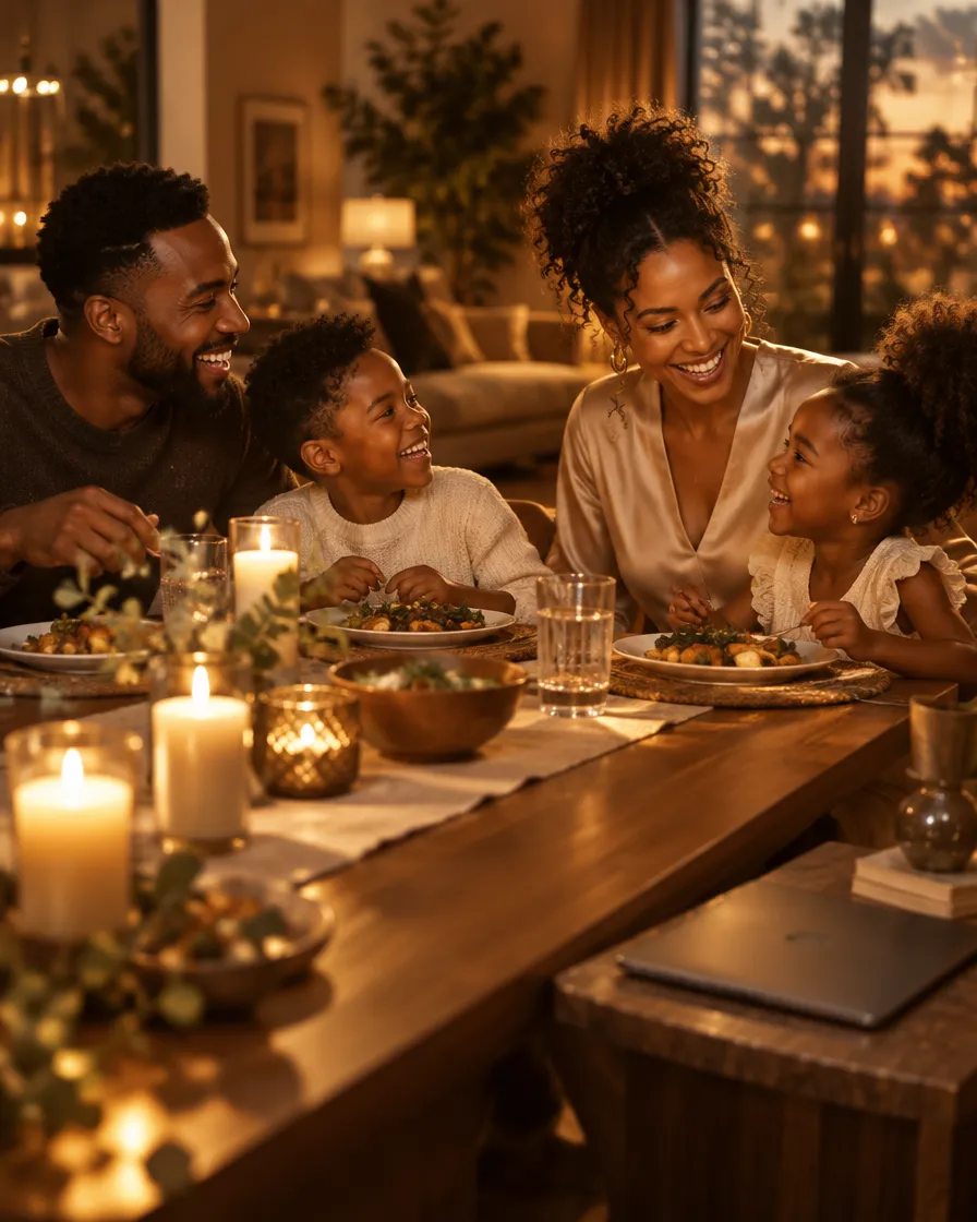 A family laughing together around the dinner table, the laptop closed.