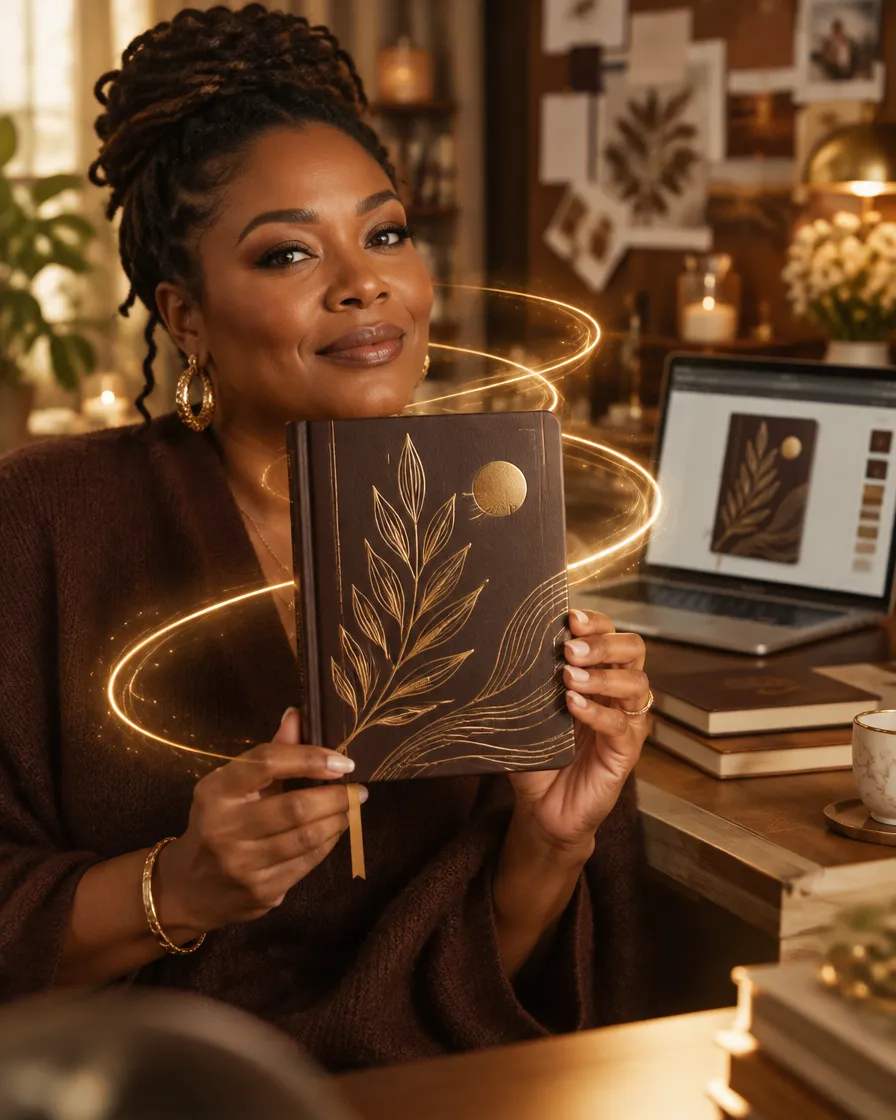 A creator proudly holds up the journal she finally made.