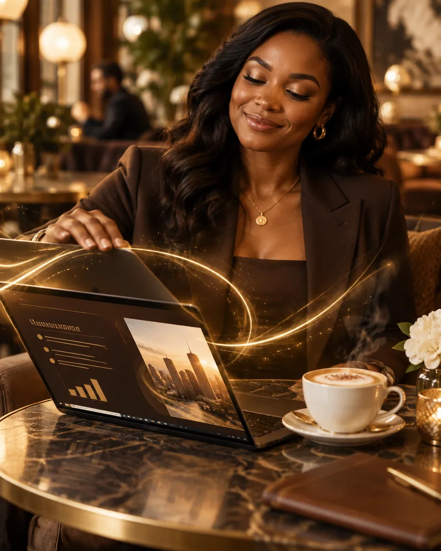 A woman closes her laptop in a cafe, her presentation finished, coffee still full.